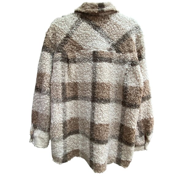 Plaid Teddy Sherpa Shacket Wm Sz M Brown Shirt Jacket Oversized Country Western - Picture 9 of 14